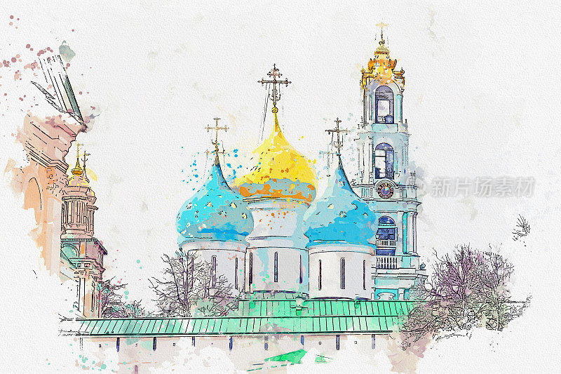 俄罗斯谢尔盖耶夫波萨德的世界遗产圣谢尔盖乌斯的Trinity Lavra水彩画。